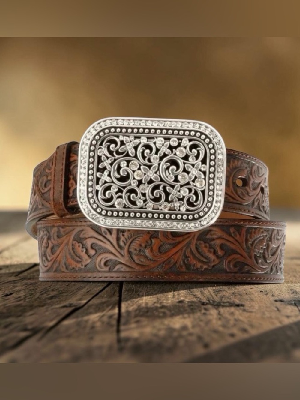 Ariat Tooled Leather Western Belt Crystal Buckle Brown Size Large NWT